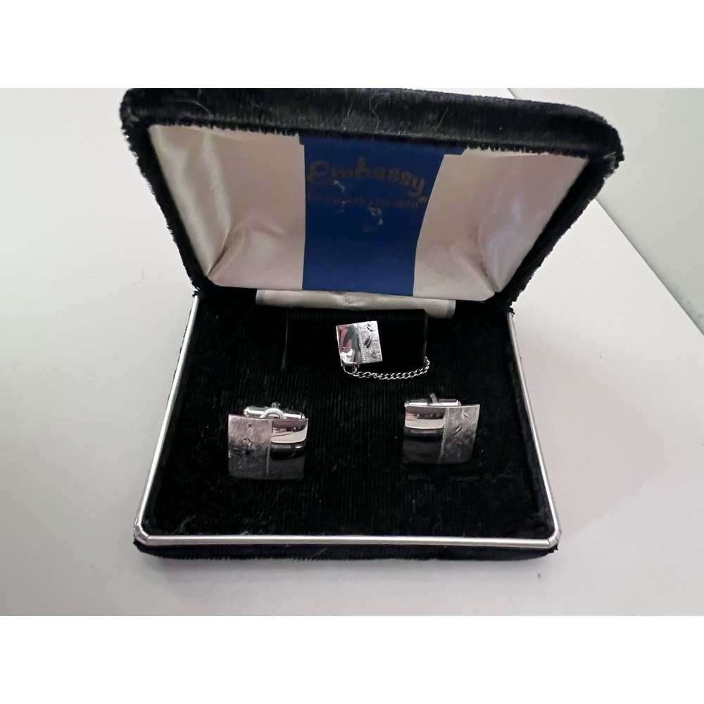 Vintage  Silver‎ Tone Cufflinks Tie Bar Embassy Fine Jewelry Men MCM 1950's